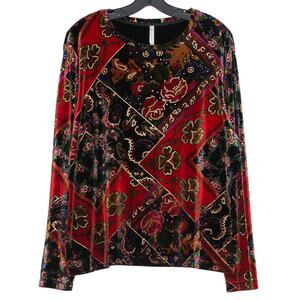 Top Paisley Velvet Patchwork Boho Whimsigoth Artsy Renaissance Metallic Red XL